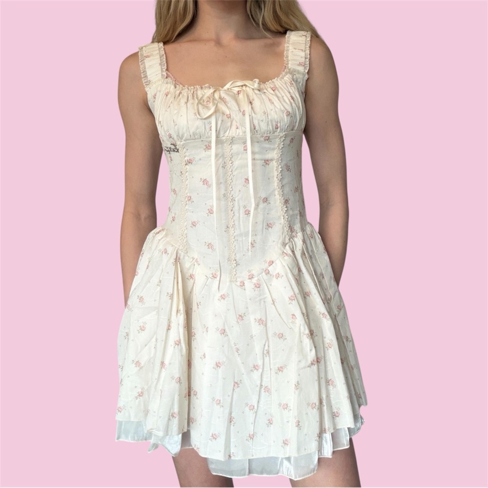 Lolita style coquette floral milkmaid dress with lace details